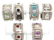 Folding Metal Bracelet Size: 1.5" Broad, Silver Plating, Glass Beads/Tr. Kundan Color" Black, Maroon, Turquoise, Crystal, P.Green, Purple(2 PCS Each),,(12 PCS in Box)