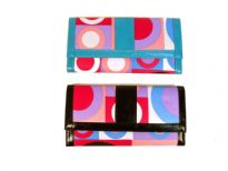 This is a designer inspired check book wallet made of Nylon. It has a button closure on the front and a zipper closure on the top with an  artwork design all over the wallet. 