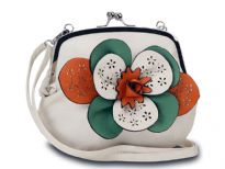 Faux leather clutch bag has a kiss lock closure, a detachable single strap and a colorful accentuating floral detail.