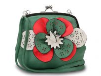 Faux leather clutch bag has a kiss lock closure, a detachable single strap and a colorful accentuating floral detail.
