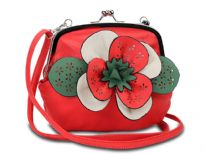 Faux leather clutch bag has a kiss lock closure, a detachable single strap and a colorful accentuating floral detail.