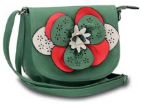 Faux leather crossbody small bag has a large floral detail with contrasting colors. Bag has an adjustable strap, top zipper closuer and front flap closure. Made of faux leather.