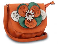 Faux leather crossbody small bag has a large floral detail with contrasting colors. Bag has an adjustable strap, top zipper closuer and front flap closure. Made of faux leather.