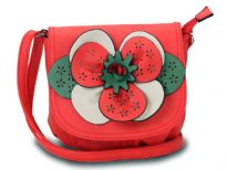 Faux leather crossbody small bag has a large floral detail with contrasting colors. Bag has an adjustable strap, top zipper closuer and front flap closure. Made of faux leather.
