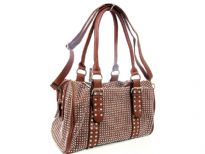 Faux Leather Metal studded double handle fashion handbag. Top zipper closing. Inside zipper pocket. Adjustable shoulder strap included.