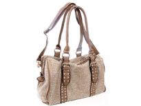 Faux Leather Metal studded double handle fashion handbag. Top zipper closing. Inside side zipper pocket. Adjustable shoulder strap included.