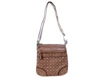 Faux Leather Metal studded messenger Bag. Front Pocket & top zipper closing. Back zipper pocket.