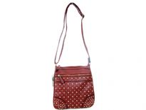 Faux Leather Metal studded messenger Bag. Front Pocket & top zipper closing. Back zipper pocket.