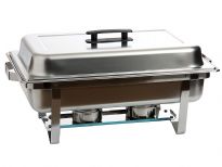 Stainless Steel Full Size Chafing Dish. Folding Frame. 
Cover: SS 201 0.4MM Food Pan: SS 201 0.4MM Water Pan: SS 201 0.4MM Frame: SS 18/0 1.35 MM Fuel Holder: SS 18/0

With an 8 qt. capacity, this chafer kit allows you to hot-hold and serve your most popular dishes at appropriate temperatures quickly and conveniently. Ideal for mobile caterers, wedding venues, or buffets, this chafer kit comes with everything you need to serve your guests!