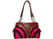 Rhinestones studded Cross double handle Bag. Top zipper closing. Center divider and inside side Zipper pocket.