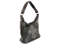 Cross studded PVC Fashion Handbag.Center divider and side zipper pocket.