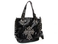 Crocodile Embossed PVC Rhinestones studded Bag. Top zipper closing. Center divider, side zipper pocket and adjustable shoulder strap included.