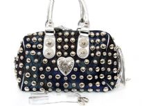 Studded all over denim fabric handbag. Top zipper closing double handle & adjustable shoulder straps included. Imported.