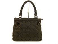 Designer Inspired Lattice-Finish Handbag has a zipper closure and a braided double handle. Made of faux leather.