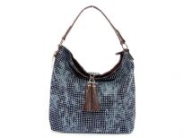 Metal Eyelets studded Denim Bag. Top zipper closing with a hanging tussle over it. Two zipper pockets inside the bag. Single shoulder strap.