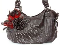 Faux Leather Feather/Rose flower & studded Bag. Top zipper closing. Back outside zipper pocket.