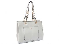 PVC double handle, front pocket, center divider fashion handbag. Top zipper closing.