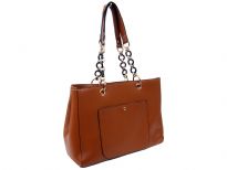 PVC double handle, front pocket, center divider fashion handbag. Top zipper closing.