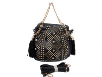 Studs and Rhinestones studded metal chain fashion handbag. Top zipper closing. Adjustable shoulder strap included.