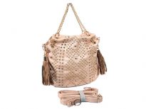 Studs and Rhinestones studded metal chain fashion handbag. Top zipper closing. Adjustable shoulder strap included.