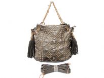 Studs and Rhinestones studded metal chain fashion handbag. Top zipper closing. Adjustable shoulder strap included.