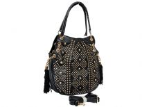Studs and Rhinestones Fashion Handbag with Double Shoulder Handle. Top zipper closing and back zipper pocket. Adjustable shoulder strap is included.