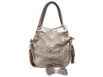 Studs and Rhinestones Fashion Handbag with Double Shoulder Handle. Top zipper closing and back zipper pocket. Adjustable shoulder strap is included.