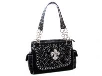 Rhinestones studded PVC Fleur De Liz double handle bag. the bag has top zipper closing, center divider, two side pockets and back zipper pocket.