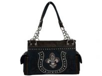 Rhinestones studded PVC Fleur De Liz and horse shoe inspired double handle bag. The bag has top zipper closing, 2 side pockets and center divider.