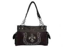 Rhinestones studded PVC Fleur De Liz and horse shoe inspired double handle bag. Top zipper closing, 2 side pockets and center divider.