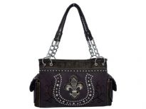 Rhinestones studded PVC Fleur De Liz and horse shoe inspired double handle bag. The bag has top zipper closing, 2 side pockets and center divider.