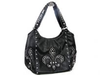 Rhinestones studded PVC Fleur De Liz double handle bag. The bag has center divider, top zipper closing and side zipper pocket inside. Back zipper pocket.