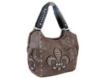 Rhinestones Studded PVC Fleur De Liz double handle bag. The bag has center divider, top zipper closing and side zipper pocket inside. Back zipper pocket.