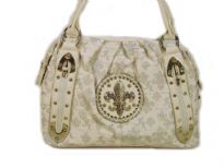 Fleur De Liz Licensed PVC Handbag with logo print all over it. Double shoulder handle, top zipper closure & twop open side pockets. Logo in the front with rhinestones & also two stylish zipper accents. Imported.