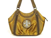 Fleur De Liz Licensed Handbag in Shining PVC Material. Bag has vertical zipper accents in the front with trim around it in contrast color. Top zipper closure with double shoulder handles.