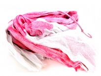 Crinkled Two Tone Woven Polyester Scarf with eyelash fringes all around it. Soft and lightweight to use & comes on a small round hanger. Imported. 100% polyester.