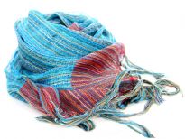 Lightweight sheer polyester scarf with shining woven multi colored stripes and long knotted fringes on its edges. Contrasting borders of the scarf give an edge to this scarf which can be used all year around. Imported.