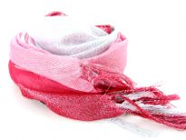 This lightweight 50% viscose & 50% polyester scarf in red, pink & white shades with silver stripes running through it can be used all year around to give an edge to your outfit. Long knotted tussels on its edges. Imported.