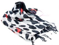 Black & White Cow Print 100% Viscose Scarf with Black & Pink Colored Ends. Twisted fringes on the ends. Lightweight and very soft to use. Imported. 