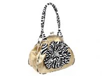Zebra Print Floral Accent Fashion Handbag with Zebra print double shoulder handle. Back zipper pocket & kiss lock with metal frame on top. Imported.