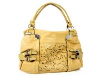 PVC double handle fashion handbag with cutout design in the front & belted embellishments also. Top zipper closing, outside zipper pocket & center divider inside the bag. 