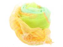 Orange & yellow stripes pattern this finely woven lightweight 100% polyester scarf in shades of light green. Sage & aqua green sheer scarf is decorated with eyelash fringe all over it. Imported. Hand wash.