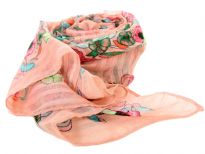 A garden of multi colored floral print blooms over this finely made 100% polyester scarf in peach pink which is lightweight to use. It can be used all year around with any kind of outfit. Imported. Hand wash.