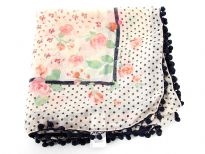 Miniature floral pattern in the middle with polka dots & floral border all along this square shaped scarf which can be used with any kind of outfit all year around. Round beads like lace all along its border.