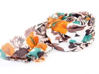 Orange & brown colored flowers bloom over this off-white cotton scarf which is lightweight & soft. Imported. Hand wash.