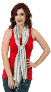 Loosely knitted yarn dyed viscose scarf in vertical stripes pattern in grey, white & black colors. Lightweight scarf has twisted fringes at its edges. Imported. Hand wash.