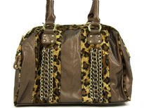 Shining PVC Shoulder bag with Leopard print patchwork with chain accents over them. Top zipper closure which has leopard print trim along it. Double shoulder handle.