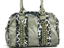Shining PVC Shoulder bag with Leopard print patchwork with chain accents over them. Top zipper closure which has leopard print trim along it. Double shoulder handle.