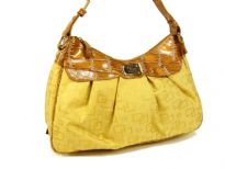 Designer Inspired Single Strapped Shoulder bag with top zipper closure and logo pattern design. Made of jacquard.