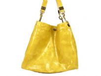 Designer Inspired Tote Shoulder Bag with a snap closure and a detachable double handle. Bag has a metallic texture. Made of PU (polyurethane).